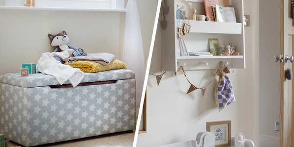A split image of a grey star print ottoman with storage on one side and a white wall shelf and study table on the other both set up in a kid's room.